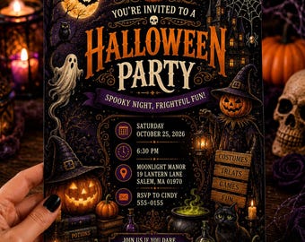 Inbjudan till Halloweenfest, inbjudan till läskigt pumpaspöke, utskrivbar vintage hemsökt natt, redigerbar Canvas-mall