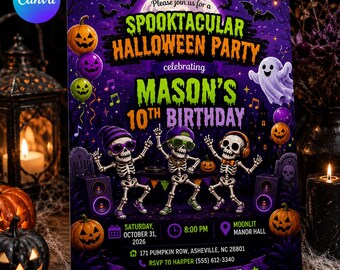Halloween-födelsedagsinbjudan, läskig skelett-kostymfest, redigerbar utskrivbar Canvas-mall för 10-årsdag