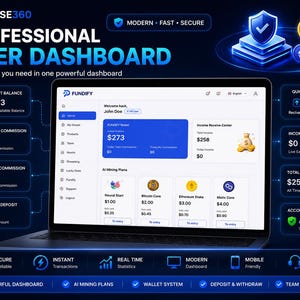 K&ouml;nnte beinhalten: Ein Laptop zeigt das professionelle Fundify-Benutzer-Dashboard mit einer dunkelblauen Oberfl&auml;che. Der Bildschirm zeigt Wallet-Guthaben, KI-Mining-Pl&auml;ne und Einkommensstatistiken, umgeben von Symbolen f&uuml;r Bitcoin, Ethereum und Tether.