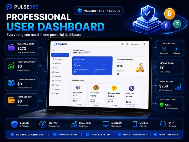 K&ouml;nnte beinhalten: Ein Laptop zeigt das professionelle Fundify-Benutzer-Dashboard mit einer dunkelblauen Oberfl&auml;che. Der Bildschirm zeigt Wallet-Guthaben, KI-Mining-Pl&auml;ne und Einkommensstatistiken, umgeben von Symbolen f&uuml;r Bitcoin, Ethereum und Tether.