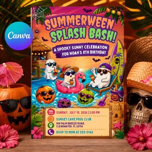 May include: A Summerween Splash Bash birthday invitation for Noah's 8th birthday on July 19, 2026, at 2:00 PM at Sunset Cave Pool Club, 909 Palm Breeze Road, Clearwater, FL 33756. The graphic features ghosts, pumpkins, and surfboards.
