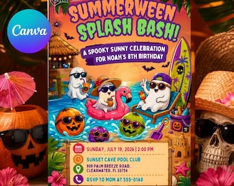 Summerween Birthday Invitation, Halloween Pool Party Splash Bash, Spooky Summer Ghost Invite, Editable Canva Template