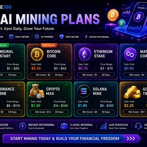 K&ouml;nnte beinhalten: Ein digitales Dashboard mit dem Titel 8+ AI MINING PLANS von PULSE360, das acht verschiedene Anlageoptionen mit Kryptow&auml;hrungs-Symbolen, t&auml;glichen Ertr&auml;gen, Preisspannen und Mindestinvestitionsanforderungen in einer dunklen Neon-Oberfl&auml;che zeigt.