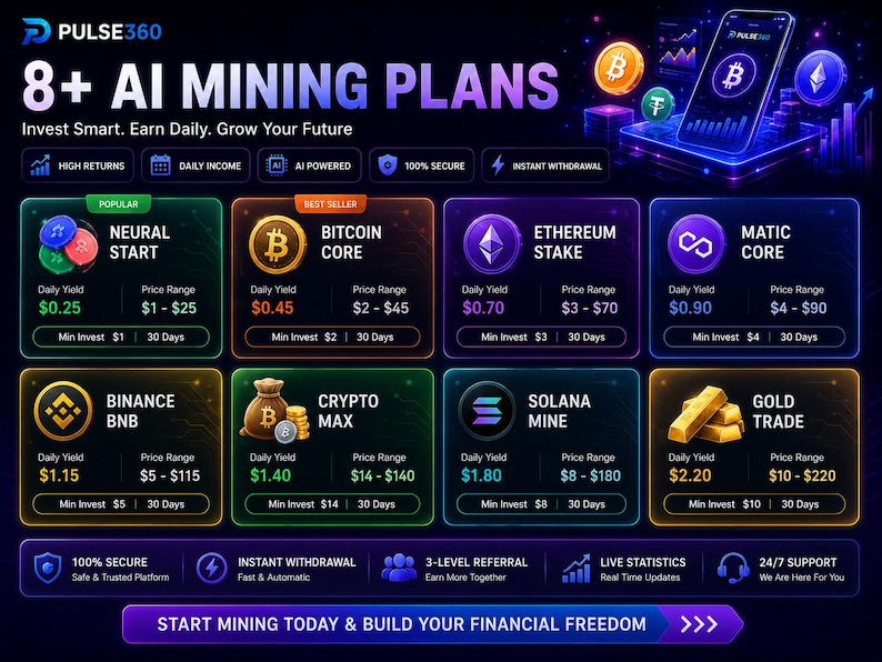 K&ouml;nnte beinhalten: Ein digitales Dashboard mit dem Titel 8+ AI MINING PLANS von PULSE360, das acht verschiedene Anlageoptionen mit Kryptow&auml;hrungs-Symbolen, t&auml;glichen Ertr&auml;gen, Preisspannen und Mindestinvestitionsanforderungen in einer dunklen Neon-Oberfl&auml;che zeigt.