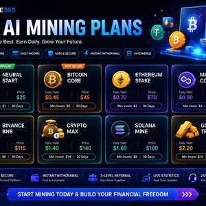 K&ouml;nnte beinhalten: Eine digitale Benutzeroberfl&auml;che mit dem Titel Pulse360, die 8+ KI-Mining-Pl&auml;ne mit Kryptow&auml;hrungs-Symbolen anzeigt. Das Layout enth&auml;lt Karten f&uuml;r Neural Start, Bitcoin Core, Ethereum Stake, Matic Core, Binance BNB, Crypto Max, Solana Mine und Gold Trade.