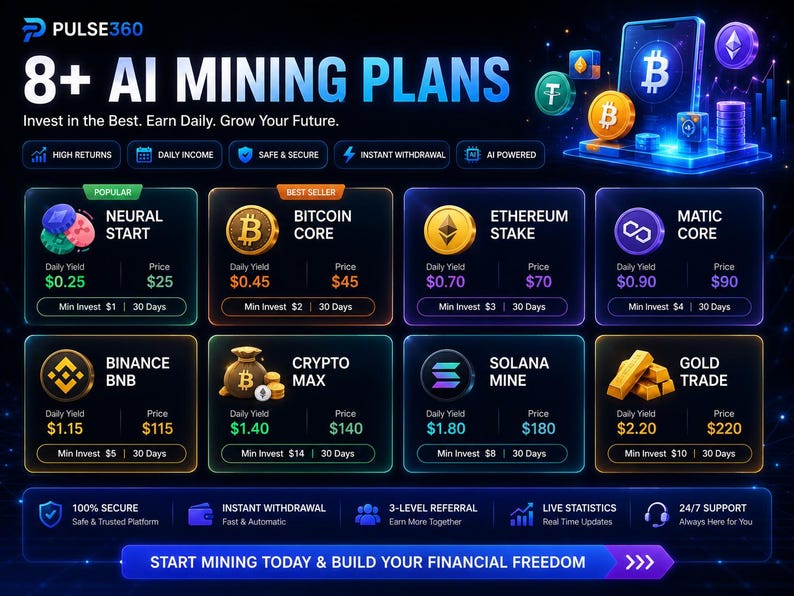 K&ouml;nnte beinhalten: Eine digitale Benutzeroberfl&auml;che mit dem Titel Pulse360, die 8+ KI-Mining-Pl&auml;ne mit Kryptow&auml;hrungs-Symbolen anzeigt. Das Layout enth&auml;lt Karten f&uuml;r Neural Start, Bitcoin Core, Ethereum Stake, Matic Core, Binance BNB, Crypto Max, Solana Mine und Gold Trade.