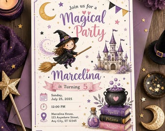 Hexengeburtstagseinladung, Einladung zur Magical-Girl-Party, Rosa-Lila, druckbare und bearbeitbare Canva-Vorlage