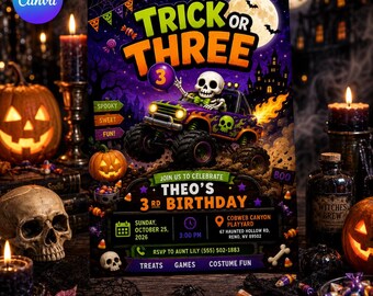 Trick or Three Birthday Invitation, Halloween Monster Truck Skeleton Party for Boy, Spooky Editable Printable Canva Template