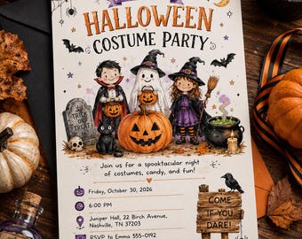 Einladung zur Halloween-Kostümparty, gruselige Einladung für Kinder zum Süßes-oder-Saures-Spiel, druckbare und bearbeitbare Canva-Vorlage