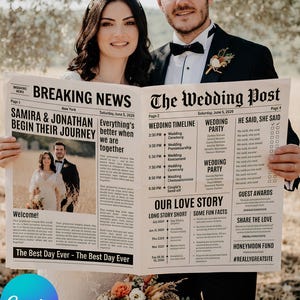 Plantilla de periódico de boda con foto, programa de boda editable en Canva, Newlywed Times, Save the Date, itinerario de boda, descarga digital.