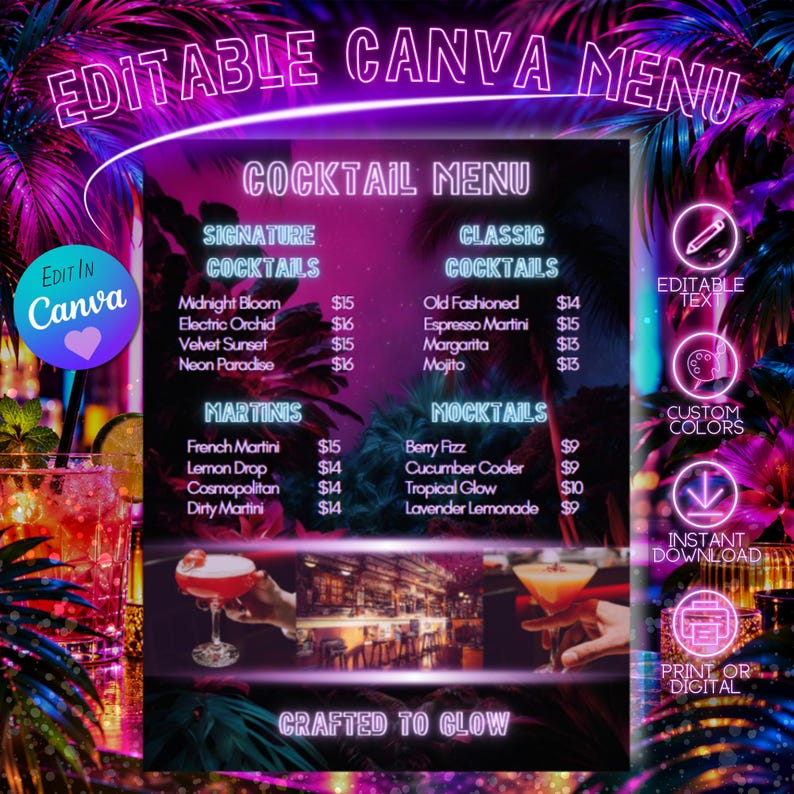 Editable Neon Cocktail Menu Template | Canva Drink Menu | Modern Bar ...