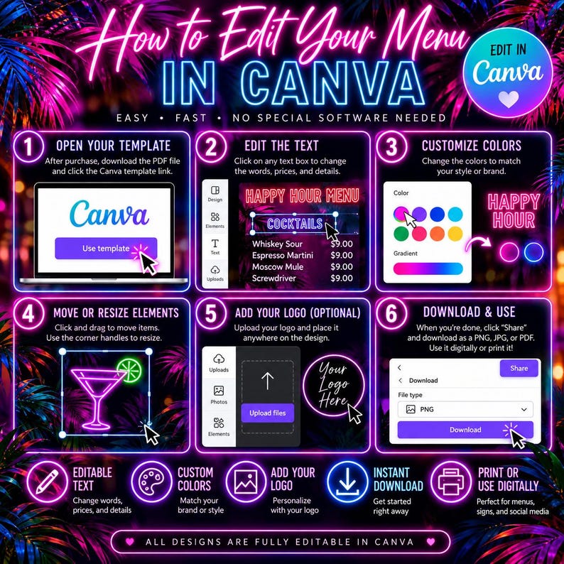 Editable Neon Happy Hour Menu Template | Canva Bar Menu | Tropical ...