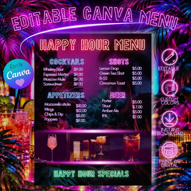 Editable Neon Happy Hour Menu Template | Canva Bar Menu | Tropical ...