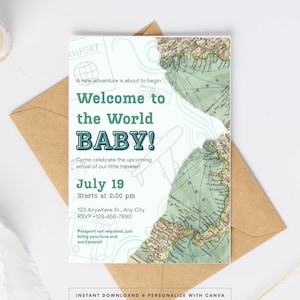 Invitation baby shower Bienvenue dans le monde, thème du voyage, invitation bébé passeport, carte numérique modifiable ou imprimée