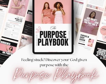 以下が含まれることがあります： ピンクと白のデザインの「The Purpose Playbook」を表示するデジタルタブレット。画像には「Feeling stuck? Discover your God given purpose with the Purpose Playbook」というテキストが含まれています。他のページや画像も表示されています。