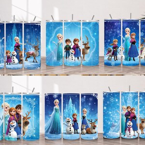 Puede incluir: Una colecci&oacute;n de seis vasos cil&iacute;ndricos con dise&ntilde;os en tonos azules que muestran personajes de la pel&iacute;cula Frozen, incluyendo a Elsa, Anna, Kristoff, Olaf y Sven, sobre fondos de paisajes nevados y patrones de copos de nieve.
