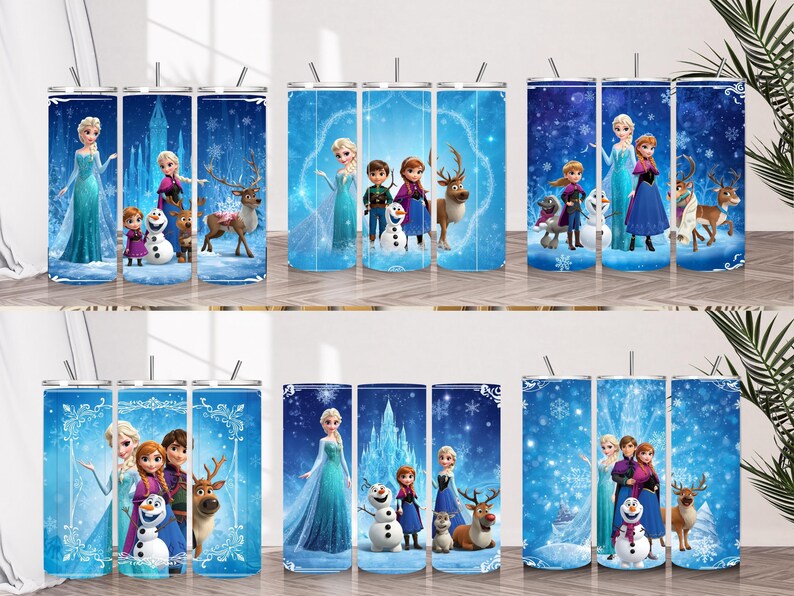 Puede incluir: Una colecci&oacute;n de seis vasos cil&iacute;ndricos con dise&ntilde;os en tonos azules que muestran personajes de la pel&iacute;cula Frozen, incluyendo a Elsa, Anna, Kristoff, Olaf y Sven, sobre fondos de paisajes nevados y patrones de copos de nieve.