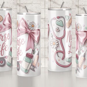 Nurse Bow Tumbler Wrap – Cute Medical Design, Aesthetic Nurse Gift Wrap for Healthcare Workers, Editable Sublimation Template image 8
