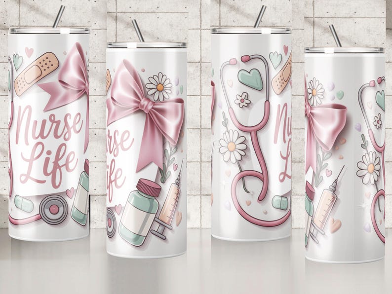 Nurse Bow Tumbler Wrap – Cute Medical Design, Aesthetic Nurse Gift Wrap for Healthcare Workers, Editable Sublimation Template image 8