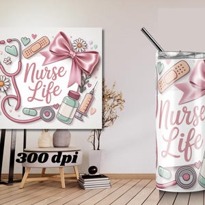 Nurse Bow Tumbler Wrap – Cute Medical Design, Aesthetic Nurse Gift Wrap for Healthcare Workers, Editable Sublimation Template image 2