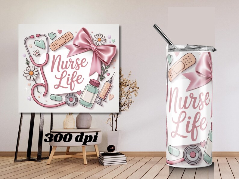 Nurse Bow Tumbler Wrap – Cute Medical Design, Aesthetic Nurse Gift Wrap for Healthcare Workers, Editable Sublimation Template image 2