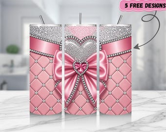 Envoltura para vaso con lazo rosa – Lindo diseño PNG para vaso femenino y envoltura para sublimación con cinta / Diseño imprimible para taza de 20 oz para un estilo elegante