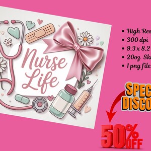 Nurse Bow Tumbler Wrap – Cute Medical Design, Aesthetic Nurse Gift Wrap for Healthcare Workers, Editable Sublimation Template image 5