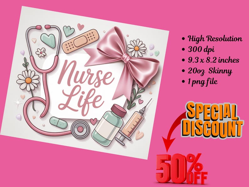 Nurse Bow Tumbler Wrap – Cute Medical Design, Aesthetic Nurse Gift Wrap for Healthcare Workers, Editable Sublimation Template image 5