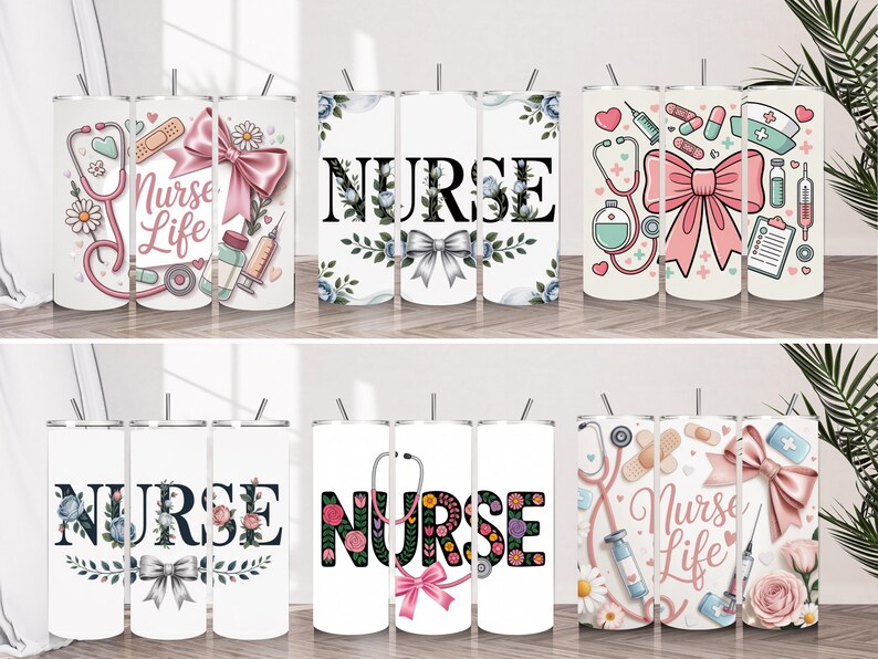 Nurse Bow Tumbler Wrap – Cute Medical Design, Aesthetic Nurse Gift Wrap for Healthcare Workers, Editable Sublimation Template image 3