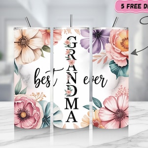 May include: Three stainless steel tumblers with floral designs and the words "best grandma ever." The tumblers feature watercolor flowers in pink, peach, and purple hues, with a marble background. Each tumbler has a silver straw.