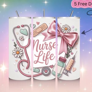 Nurse Bow Tumbler Wrap – Cute Medical Design, Aesthetic Nurse Gift Wrap for Healthcare Workers, Editable Sublimation Template image 6