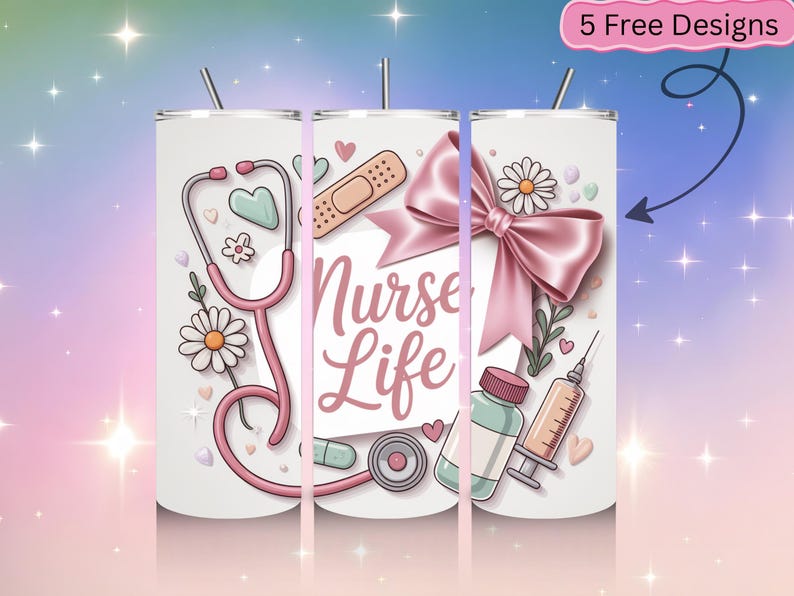 Nurse Bow Tumbler Wrap – Cute Medical Design, Aesthetic Nurse Gift Wrap for Healthcare Workers, Editable Sublimation Template image 6