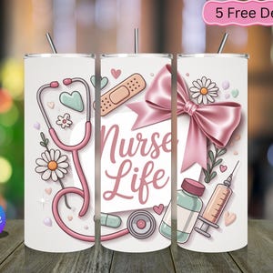 Nurse Bow Tumbler Wrap – Cute Medical Design, Aesthetic Nurse Gift Wrap for Healthcare Workers, Editable Sublimation Template image 1