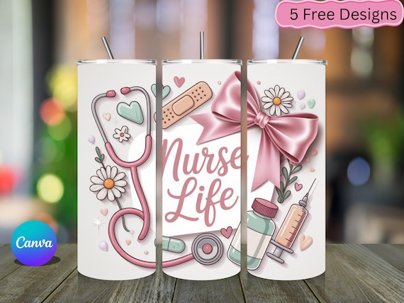 Nurse Bow Tumbler Wrap – Cute Medical Design, Aesthetic Nurse Gift Wrap for Healthcare Workers, Editable Sublimation Template