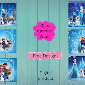 Puede incluir: Un dise&ntilde;o digital para vaso de 20 oz con varias escenas de personajes de la pel&iacute;cula Frozen, incluyendo a Elsa, Anna, Olaf, Kristoff y Sven sobre fondos azules, nevados y helados. El texto dice 20 oz tumbler Wrap, Free Designs, Digital product.
