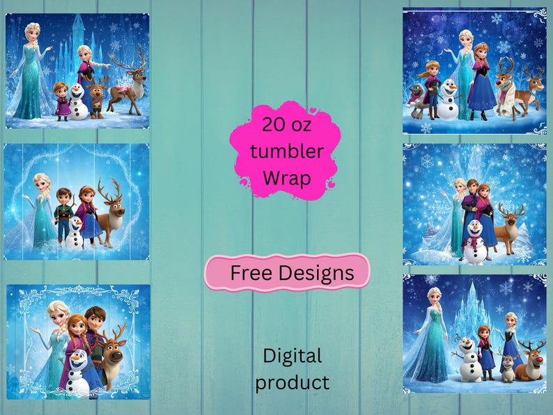 Puede incluir: Un dise&ntilde;o digital para vaso de 20 oz con varias escenas de personajes de la pel&iacute;cula Frozen, incluyendo a Elsa, Anna, Olaf, Kristoff y Sven sobre fondos azules, nevados y helados. El texto dice 20 oz tumbler Wrap, Free Designs, Digital product.