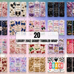 Peut inclure: Une collection de 20 modèles de habillages pour gobelets skinny de 20oz, présentant divers motifs incluant des cerises, des nœuds, des cœurs et le logo Coach. Les graphismes affichent des palettes de couleurs variées comme le rose, le noir, l'or, le violet et le bleu.