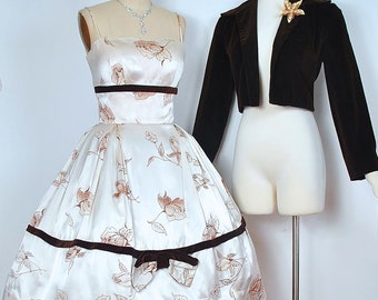 Vintage 1950s 2pc Set ROSE Print Party Dress Velvet Crop Jacket / 50s 60s Floral Roses Sundress Cocktail Formal Pinup XS SMALL