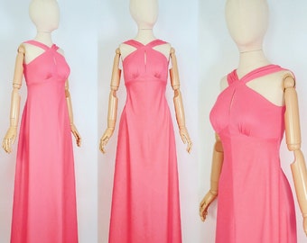 Vintage 1970s Bubble Gum PINK Maxi Dress / 70s Halter Top Keyhole Bust Sundress Boogie Nights Disco Party Boho Princess XS SMALL