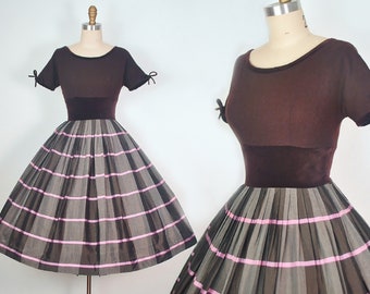 Vintage 1950s Brown Knit Velvet Pink Stripe Fall Autumn Dress / 50s Plaid Sundress Full Skirt Pinup Halloween Winter Cocktail Party SMALL S