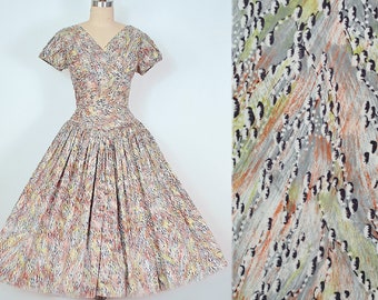 Vintage 1950s RAINBOW Painterly Novelty Print Dress / 50s Cotton Sundress Colorful Brushstroke Autumn Fall Full Swing Skirt Pinup Party XS