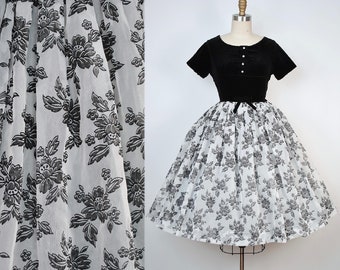 Vintage 1950s Floral Print Flocked Velvet Chiffon Party Dress 50s Black White Flower Roses Wedding Bridal Cocktail Evening Pinup Party SMALL