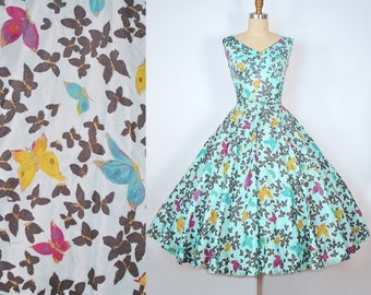 Vintage 1950s Novelty BUTTERLY Print Dress / 1950s Mint Blue Satin Sundress Belted Full Skirt Pinup Springs Floral Garden Cocktail Party XS