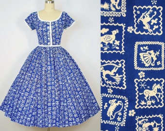 Vintage 1950s Novelty Print LANZ Dress / 50s Navy Blue Cotton Sundress Full Circle Skirt Spring Summer Garden Cocktail Party Pinup SMALL