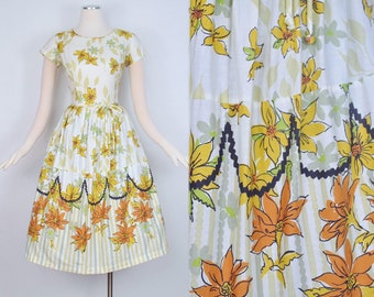 Vintage 50s Border Print Dress / 1950s Yellow Orange Floral Print Cotton Sundress Belted Full Swing Skirt Pinup Summer Spring Party Small XS