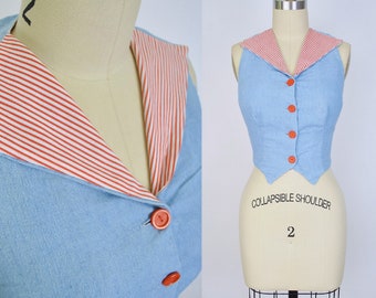 Vintage 1950s Halter Sun Top /  50s Chambray Blue Cotton Red Candy Stripe Denim Vest Mid Century Pinup Summer Playsuit Beach Wear XS Small