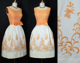 Vintage 1950s 1960s Autumn Fall Floral EMBROIDERED Organza Party Dress / Mod Peach Orange Ribbon Bow Full Skirt Pinup Cocktail Party SMALL