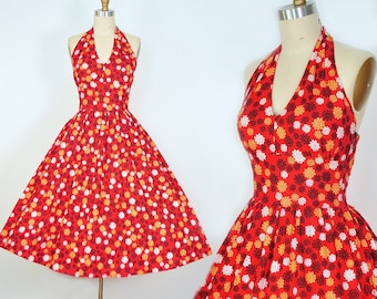 Vintage Halter Top Floral Print Dress / 50s Red Orange Vermilion Cotton Sundress Full Skirt Autumn Fall Halloween Pinup Party SMALL