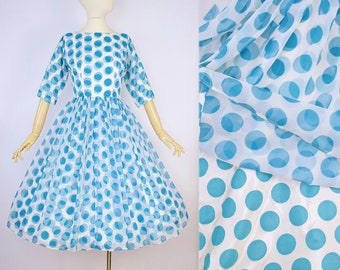 Vintage 1950s Polka Dots Teal Dress / 50s Optical Illusion Circles Chiffon Overlay Sundress Full Skirt Pinup Garden Cocktail Party XS SMALL