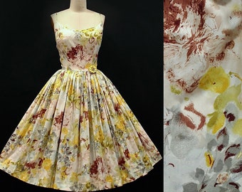 Vintage 1950s Watercolor Painterly Floral Print Dress / 50s Cotton Sundress Yellow Gray Brown Spring Summer Flowers Full Skirt Pinup SMALL